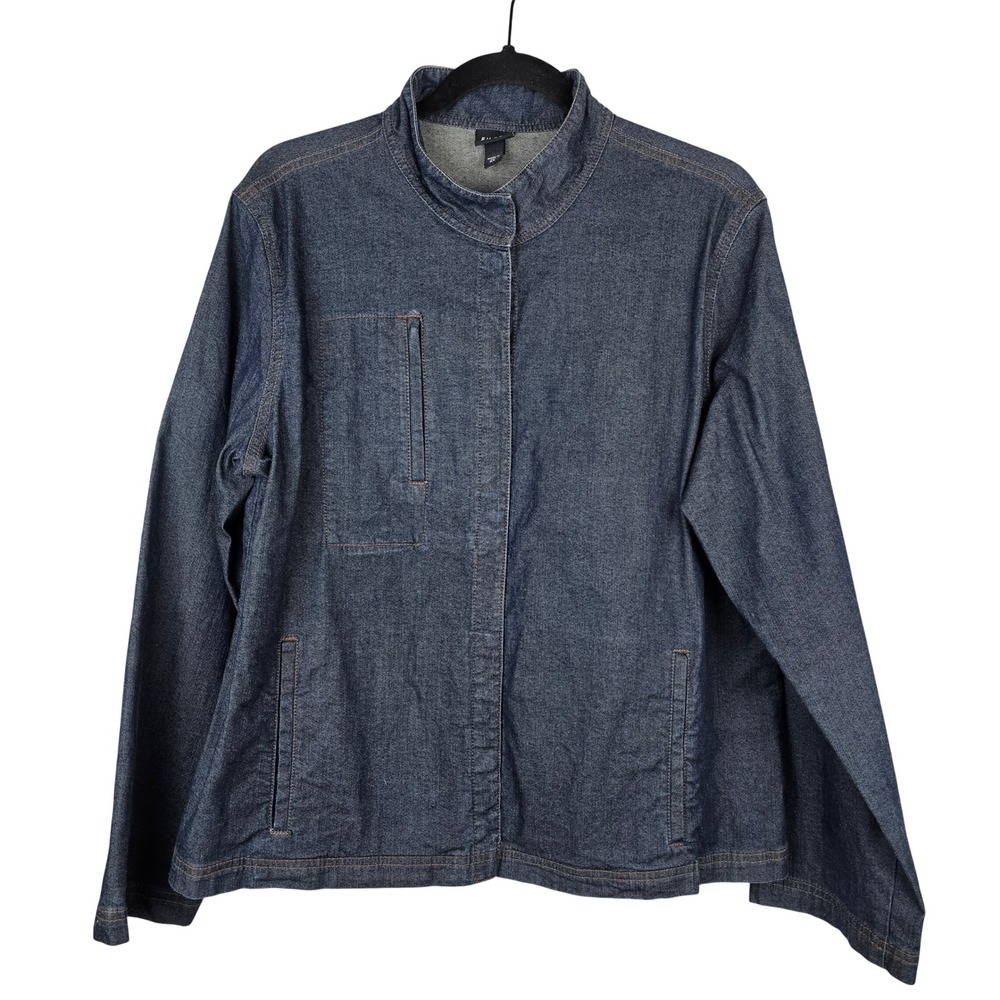Eileen Fisher Women's XL Dark Wash Denim‎ Mock Neck Hidden Button Jacket